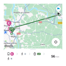 Capture d'écran d'un résultat d'itinéraire entre la place Paul Doumer à Bordeaux et Libourne en tram et TER Nouvelle-Aquitaine.